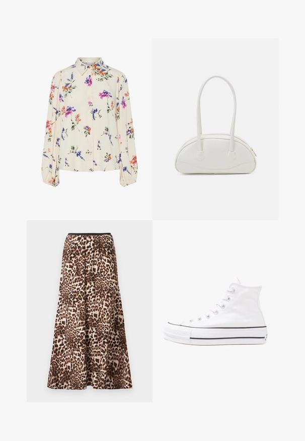 Blouse fleurie à manches bouffantes longues, base crème clair, ornée de motifs floraux violets, oranges et verts, avec un col classique.; Jupe maxi en imprimé léopard, dotée d'une taille noire, d'une silhouette fluide et d'un tissu doux avec des nuances variées de marron et de beige.; Baskets montantes en toile blanche avec semelle en caoutchouc noir, capuchon en caoutchouc à l'avant, et six œillets pour les lacets, présentant un design épuré et minimaliste.; Even&Odd Sac à main - off-white