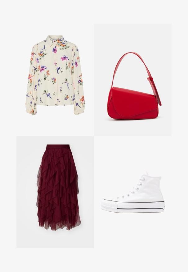 Kvetinová blúzka s dlhými puff rukávmi, svetlovo krémovej farby, so vzormi kvetov v purpurovej, oranžovej a zelenej farbe, a klasickým dizajnom goliera.; Burgundská tylová sukňa s viacerými vrstvenými volánmi, širokým pásom a splývavým strihom. Ľahká textúrovaná látka zvyšuje pohyb.; Biele vysoké plátené tenisky s čiernou gumovou podošvou, prednou gumovou špičkou a šiestimi okami na šnúrky, s čistým, minimalistickým dizajnom.; Červená kožená kabelka s ostrým, geometrickým dizajnom. Má jeden nastaviteľný popruh a uzatváranie na klopu so šitím.