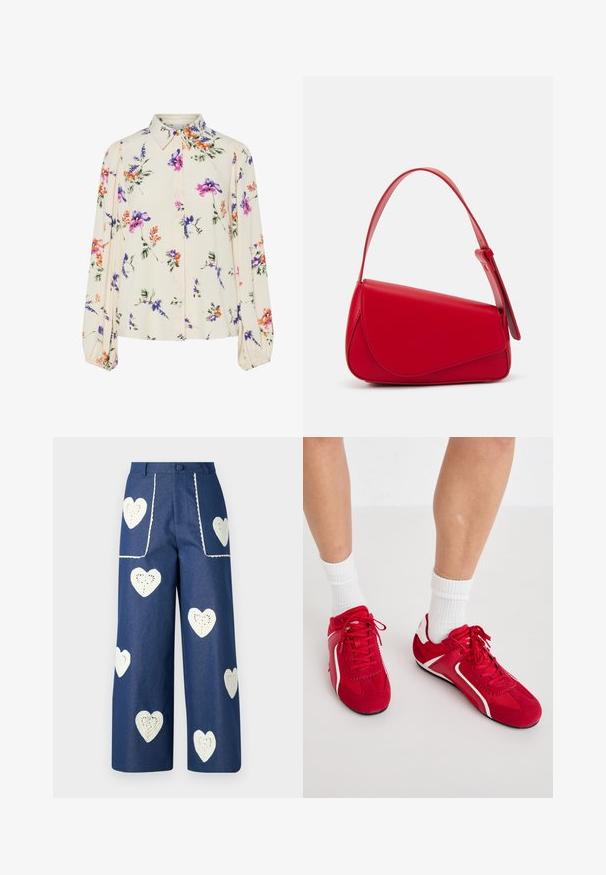 Bluză florală cu mâneci lungi și puff, bază de crem deschis, cu modele florale în nuanțe de violet, portocaliu și verde, și design cu guler clasic.; Sister Jane HEART TO HEART - Blugi drepți - blue denim; Pantofi sport roșii cu accente albe, confecționați din suede și plasă. Au un design cu șireturi și talpă texturată pentru aderență.; Geantă de mână din piele roșie, cu un design unghiular și geometric. Dispune de o singură curea ajustabilă și un sistem de închidere cu clapetă, cu detalii cusute.