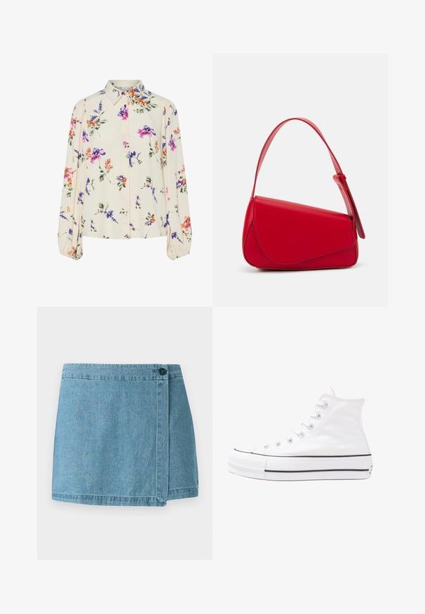 Kukkakuvioinen paita pitkillä puff-hihoilla, vaalean kerma pohja, jossa on violetteja, oransseja ja vihreitä kukkakuoseja sekä klassinen kaulustyyli.; Farkkuhame vaaleansinisessä värissä, jossa on kietoutuva muotoilu ja yksi nappikiinnitys, sekä ommeltu helma. Silkkinen pinta ilman kuvioita.; Valkoiset korkeavartiset kangaskengät mustalla kumipohjalla, edessä kuminen varvasosa ja kuusi nauha-aukkoa, puhtaan minimalistisella muotoilulla.; Punainen nahkalaukku, jossa on kulmikas, geometrinen muotoilu. Varustettu yhdellä säädettävällä hihnalla ja läpällä, jossa on ommeltu yksityiskohtia.