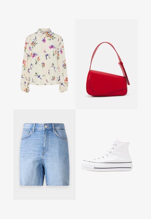 Ziedu blūze ar garām pūkām, gaiši krēmveida pamatne, ar purpursarkanām, oranžām un zaļām ziedu rakstiem, kā arī klasisko apkakles dizainu.; Gai zili džinsi šorti ar augstu jostu, kas aprīkoti ar priekšējo pogu aizdari, piecām kabatām un vieglu nolietojumu tekstūras radīšanai.; Balti augstie kanvas sporta apavi ar melnu gumijas zoli, priekšējo gumijas purngalu un sešām acīm lencēm, kuriem ir tīrs, minimālistisks dizains.; Sarkans ādas rokassomi ar stūrainu, ģeometrisku dizainu. Iekļauj vienu regulējamu siksnu un vāku ar izšūtu detaļu.