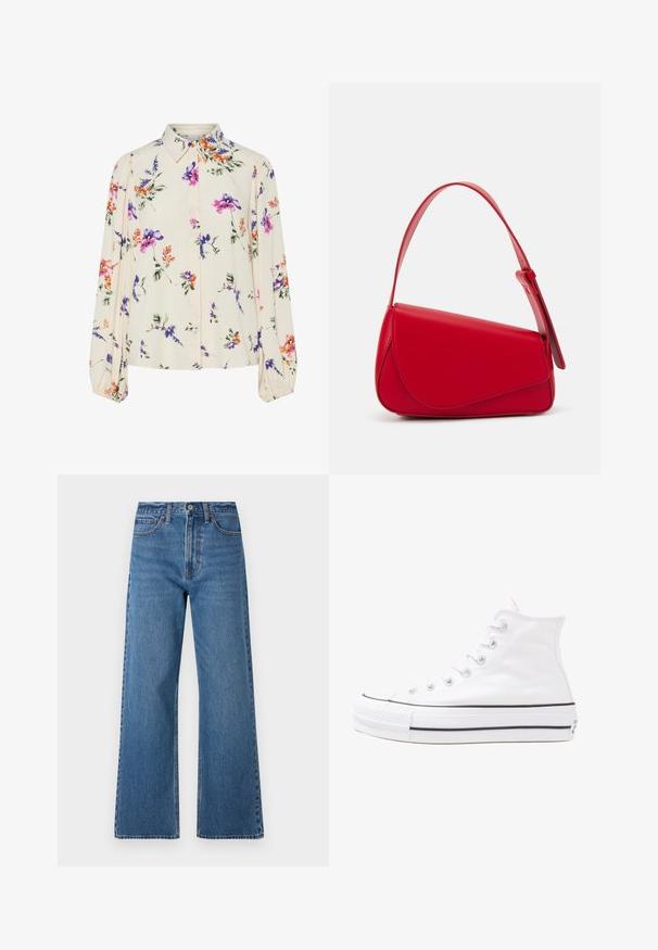 Virágmintás blúz hosszú puffos ujjakkal, világos krém alapon, lila, narancs és zöld virágmintázattal, klasszikus gallér dizájnnal.; Magas derekú, bő szárú kék farmernadrág, gombos zárással, öt zsebes kialakítással és látható varrással.; Fehér magaskorsó vászon sportcipő fekete gumi talppal, elülső gumi orrnyereggel és hat fűzőlyukkal, letisztult, minimalista dizájnnal.; Piros bőr kézitáska szögletes, geometrikus kialakítással. Egy állítható pánttal és varrott részletekkel ellátott fedélzárral rendelkezik.