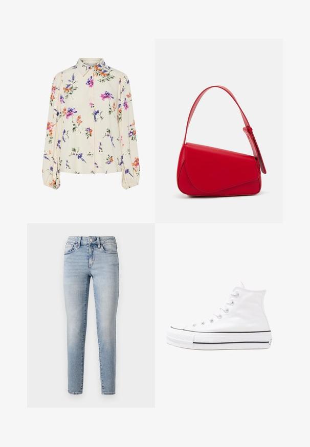 Blusa floral con mangas largas abullonadas, base color crema claro, con patrones florales en púrpura, naranja y verde, y diseño de cuello clásico.; Jeans de mezclilla azul claro con un corte ajustado, que presentan un diseño de cinco bolsillos, cierre frontal con botón y un ligero desgastado a lo largo de las piernas.; Zapatilla de lona alta blanca con suela de goma negra, puntera de goma frontal y seis ojetes para los cordones, que presenta un diseño limpio y minimalista.; Bolso de cuero rojo con un diseño angular y geométrico. Cuenta con una única correa ajustable y un cierre de solapa con detalles de costura.