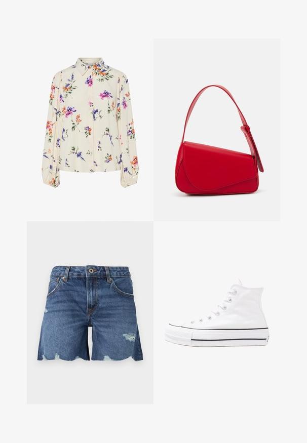 Cvetna bluzica z dolgimi puff rokavi, svetlo smetanaste barve, s purpurnimi, oranžnimi in zelenimi cvetličnimi vzorci ter klasičnim ovratnikom.; Denim kratke hlače v srednje modri barvi s strganim robom, obrabljenimi detajli, petimi žepi in zankami za pas; sprednje zapiranje z kovinsko gumbom.; Beli visoki platneni športni čevelj z črnim gumijastim podplatom, sprednjim gumijastim zaščitnikom za prste in šestimi luknjicami za vezalke, ki se ponaša s preprostim, minimalističnim dizajnom.; Rdeča usnjena torba z angularnim, geometrijskim dizajnom. Ima en samostoječ nastavljiv ročaj in pokrov, zaprt z zapiranjem, ki je okrašen s šivi.