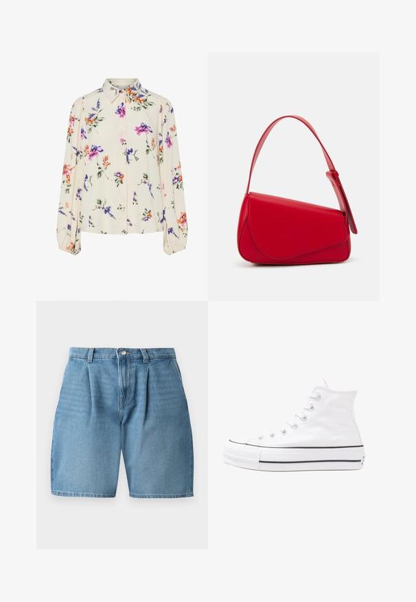 Blusa floral com mangas bufantes longas, base de creme claro, apresentando padrões florais em roxo, laranja e verde, e design de gola clássica.; Calções de ganga azul claro com pregas frontais, fecho de botão e costura clássica. O tecido tem uma textura suave e um corte direito.; Sapatilha alta de tela branca com sola de borracha preta, bico de borracha na frente e seis ilhós para os atacadores, apresentando um design limpo e minimalista.; Bolsa de mão em couro vermelho com um design angular e geométrico. Apresenta uma única alça ajustável e um fecho com aba, com detalhes cosidos.