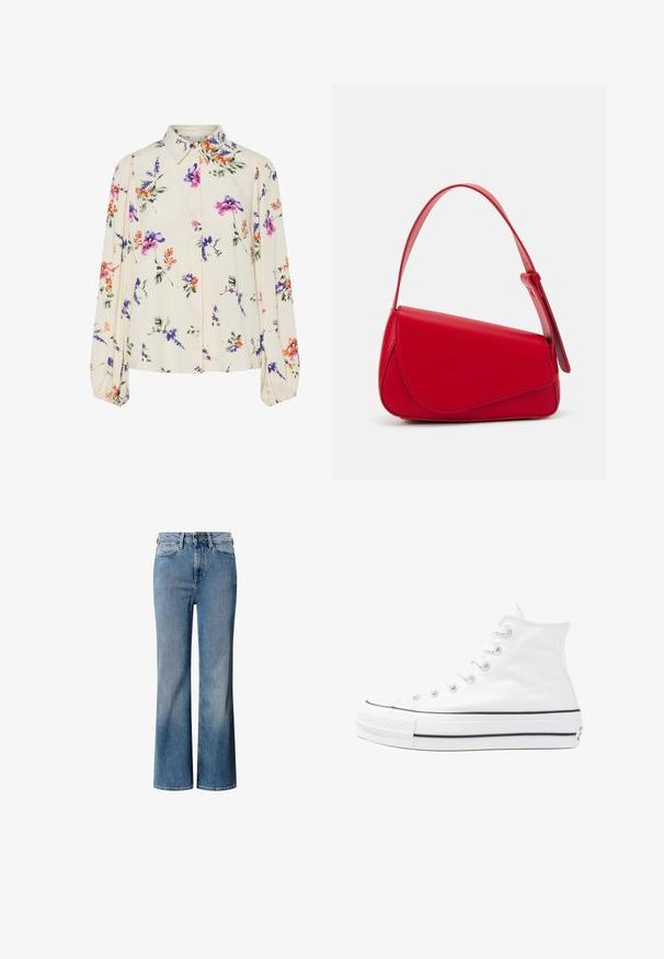 Lille kreemipehme lilleline pluus, millel on pikad puhvli varrukad, millel on lillad, oranžid ja rohelised lillemustrid ning klassikaline kaelus.; Sinine denimist valmistatud kõrge talje ja laia jala disainiga teksad, millel on pleekinud pesu. Omavad klassikalist viit taskut ja eesmine nupukinnitus.; Valge kõrgem kangast tenniseking, millel on must kummist tald, ees kummist varvasetugi ja kuus aukku paelte jaoks, pakkudes puhta ja minimalistliku disaini.; Punane nahast käekott, millel on nurkadega geomeetriline disain. Omab ühte reguleeritavat rihma ja klappidega sulgemist, millel on õmblustega kaunistused.