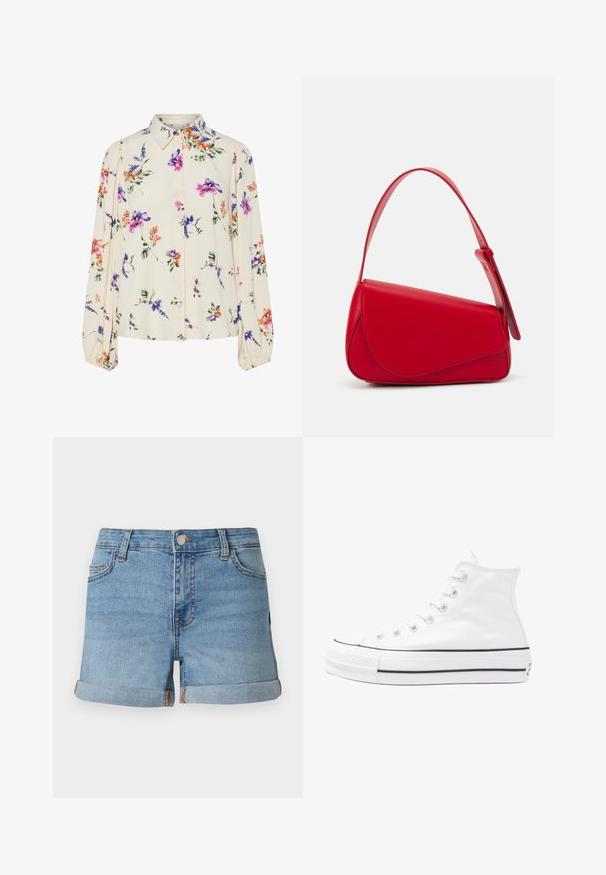 Floral blouse with long puff sleeves, light cream base, featuring purple, orange, and green floral patterns, and classic collar design.; Light blue denim shorts with rolled hems, a front button closure, and five-pocket design featuring contrasting stitching details.; White high-top canvas sneaker with black rubber sole, front rubber toe cap, and six eyelets for laces, featuring a clean, minimalist design.; Red leather handbag with an angular, geometric design. Features a single adjustable strap and a flap closure with stitched detailing.