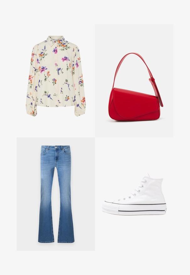 Lille kreemipehme lilleline pluus, millel on pikad puhvli varrukad, millel on lillad, oranžid ja rohelised lillemustrid ning klassikaline kaelus.; Heled sinised laiad teksad, millel on kulunud viimistlus, esipaneelil nööp ja tõmblukk, viie taskuga kujundus ja nähtavad õmblused.; Valge kõrgem kangast tenniseking, millel on must kummist tald, ees kummist varvasetugi ja kuus aukku paelte jaoks, pakkudes puhta ja minimalistliku disaini.; Punane nahast käekott, millel on nurkadega geomeetriline disain. Omab ühte reguleeritavat rihma ja klappidega sulgemist, millel on õmblustega kaunistused.