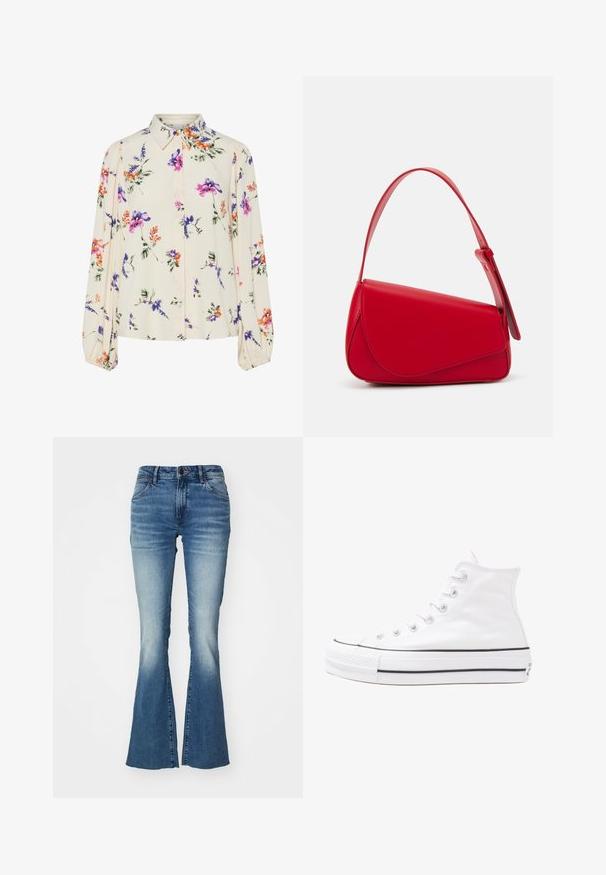 Bloes met bloemenprint en lange pofmouwen, lichte crème basis, met paarse, oranje en groene bloemmotieven, en een klassiek kraagontwerp.; Blauwe spijkerbroek met een uitlopende ontwerp, middelhoge taille en een gradient wasbeurt die van donker naar lichtblauw vervaagt, met vijf zakken.; Witte high-top canvas sneakers met een zwarte rubberen zool, een rubberen neuskap aan de voorkant en zes gaatjes voor veters, met een schone, minimalistische uitstraling.; Rode leren handtas met een hoekig, geometrisch ontwerp. Beschikt over een enkele verstelbare schouderriem en een klepclosure met gestikte details.