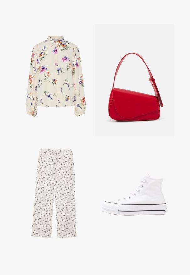 Blommig blus med långa puffärmar, ljus krämfärgad bas, med lila, orange och gröna blommönster, samt klassisk krage.; Vita byxkjolar med ett litet svart blommönster, vida ben, standard midjeband och framfickor.; Vit hög topp canvas sneaker med svart gummisulan, framsidan gummitåhätta och sex öglor för snören, med en ren, minimalistisk design.; Röd läderhandväska med en vinkelrät, geometrisk design. Har ett justerbart axelband och en klaffstängning med sydda detaljer.