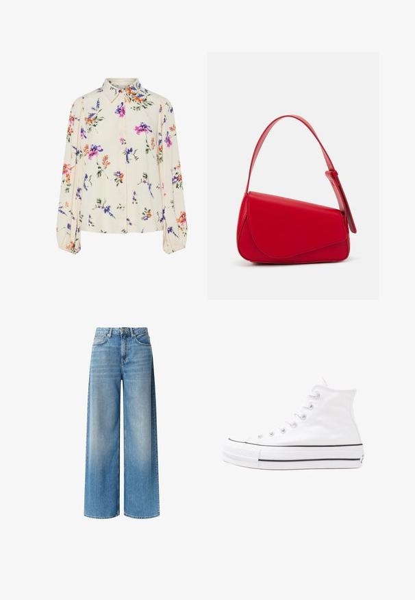 Cvjetna bluza s dugim napuhanim rukavima, svijetlo krem osnova, s ljubičastim, narančastim i zelenim cvjetnim uzorcima, te klasičnim dizajnom ovratnika.; Široke plave traperice imaju svijetlu pranje, visoki struk, prednje džepove i suptilan эффект blijeđenja duž nogu. Završene su s dugmetom.; Bijela visoka platnena tenisica s crnom gumenom potplatom, prednjim gumenim zaštitnikom prstiju i šest rupa za vezanje, s čistim, minimalističkim dizajnom.; Crvena kožna torba s kutnim, geometrijskim dizajnom. Ima jedan podesivi remen i preklopni zatvarač sa šivenim detaljima.