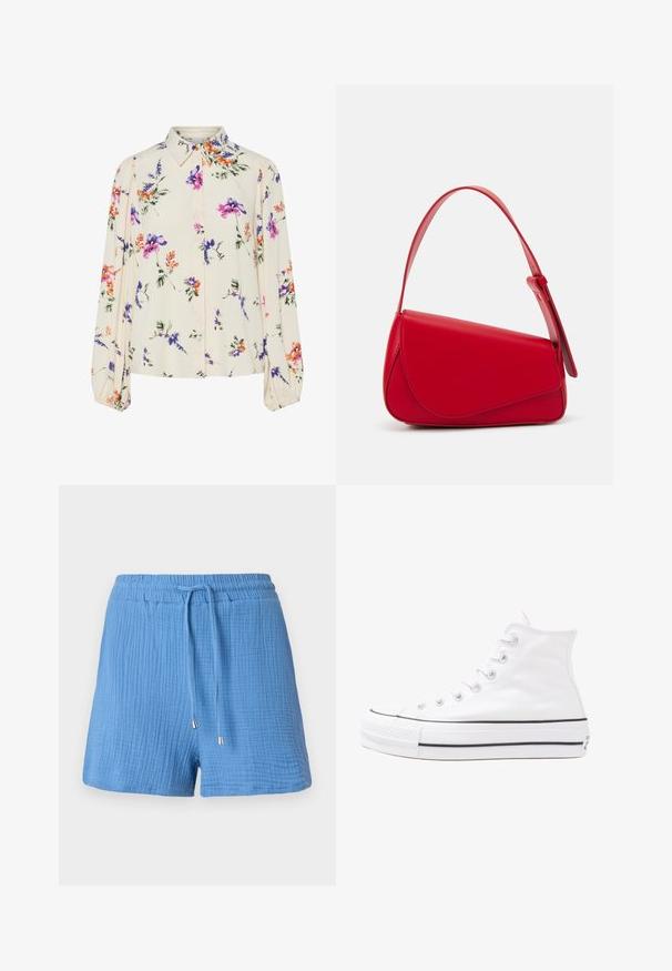 Blomstrete bluse med lange pufferm, lys kremfarge, med lilla, oransje og grønne blomster mønstre, og klassisk kragedesign.; Blå bomullsshorts med en teksturert, rynket design, elastisk midjebånd, justerbar snøring og metalliske detaljer.; Hvit høy-skinn kanvas sneakers med svart gummisåle, gummitåhette foran og seks hull for snorer, med et rent, minimalistisk design.; Rød lærveske med en vinklet, geometrisk design. Har en enkelt justerbar stropp og en klaffelukking med sydd detaljer.