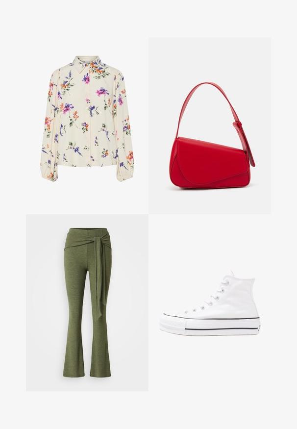 Blomsterbluse med lange puffærmer, lys cremefarvet base, prydet med lilla, orange og grønne blomster mønstre samt klassisk krave design.; Olivenfarvede bukser i et blødt stof med en bred bukseben design. Har en karakteristisk knude detalje i høj talje.; Hvide høje kanvas sneakers med sort gummisål, gummitåhætte foran og seks øjehuller til snørebånd, der har et rent, minimalistisk design.; Rød læderhåndtaske med et kantet, geometrisk design. Har en enkelt justerbar rem og en klaplukning med syede detaljer.