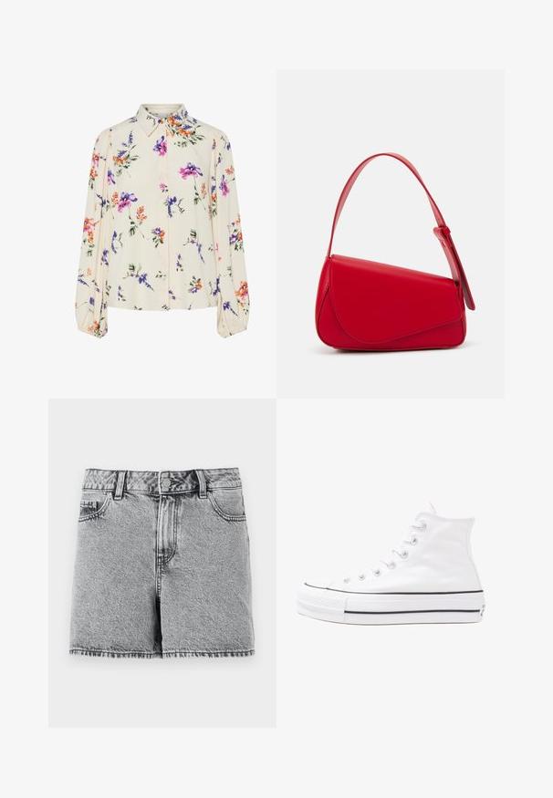 Cvetna bluzica z dolgimi puff rokavi, svetlo smetanaste barve, s purpurnimi, oranžnimi in zelenimi cvetličnimi vzorci ter klasičnim ovratnikom.; Kratke hlače iz črnega in sivega džinsa z visokim pasom, petimi žepi in raztrganimi robovi. Imajo zbledel videz in kovinsko zaponko.; Beli visoki platneni športni čevelj z črnim gumijastim podplatom, sprednjim gumijastim zaščitnikom za prste in šestimi luknjicami za vezalke, ki se ponaša s preprostim, minimalističnim dizajnom.; Rdeča usnjena torba z angularnim, geometrijskim dizajnom. Ima en samostoječ nastavljiv ročaj in pokrov, zaprt z zapiranjem, ki je okrašen s šivi.