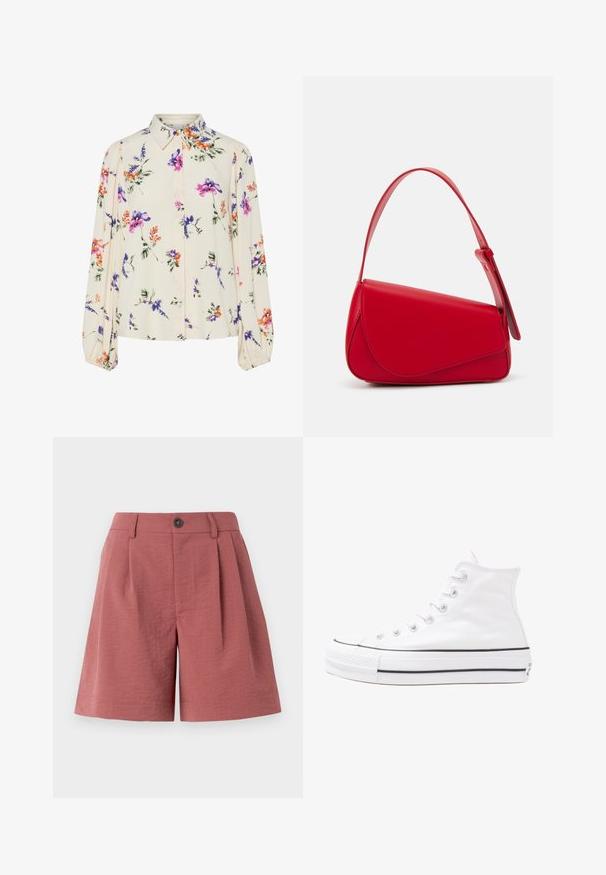 Lille kreemipehme lilleline pluus, millel on pikad puhvli varrukad, millel on lillad, oranžid ja rohelised lillemustrid ning klassikaline kaelus.; Punased tekstureeritud lühikesed püksid nööbiga kinnitusega, ees voltidega ja sirge lõikega, mõeldud iga päevaks.; Valge kõrgem kangast tenniseking, millel on must kummist tald, ees kummist varvasetugi ja kuus aukku paelte jaoks, pakkudes puhta ja minimalistliku disaini.; Punane nahast käekott, millel on nurkadega geomeetriline disain. Omab ühte reguleeritavat rihma ja klappidega sulgemist, millel on õmblustega kaunistused.