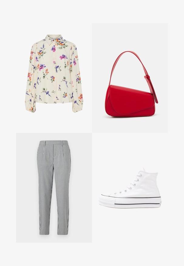 Virágmintás blúz hosszú puffos ujjakkal, világos krém alapon, lila, narancs és zöld virágmintázattal, klasszikus gallér dizájnnal.; Csíkos nadrág szürkében és fehérben, testre szabott szabással, pliszékkel és sima anyagú kivitelben. Nincsenek látható zsebek vagy díszítések.; Fehér magaskorsó vászon sportcipő fekete gumi talppal, elülső gumi orrnyereggel és hat fűzőlyukkal, letisztult, minimalista dizájnnal.; Piros bőr kézitáska szögletes, geometrikus kialakítással. Egy állítható pánttal és varrott részletekkel ellátott fedélzárral rendelkezik.