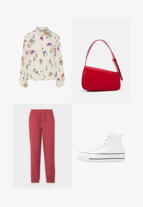 Bloes met bloemenprint en lange pofmouwen, lichte crème basis, met paarse, oranje en groene bloemmotieven, en een klassiek kraagontwerp.; Rode, lichte, taps toelopende broek met een elastische tailleband en een trekkoord. Heeft enkelschoenen en een soepele textuur.; Witte high-top canvas sneakers met een zwarte rubberen zool, een rubberen neuskap aan de voorkant en zes gaatjes voor veters, met een schone, minimalistische uitstraling.; Rode leren handtas met een hoekig, geometrisch ontwerp. Beschikt over een enkele verstelbare schouderriem en een klepclosure met gestikte details.