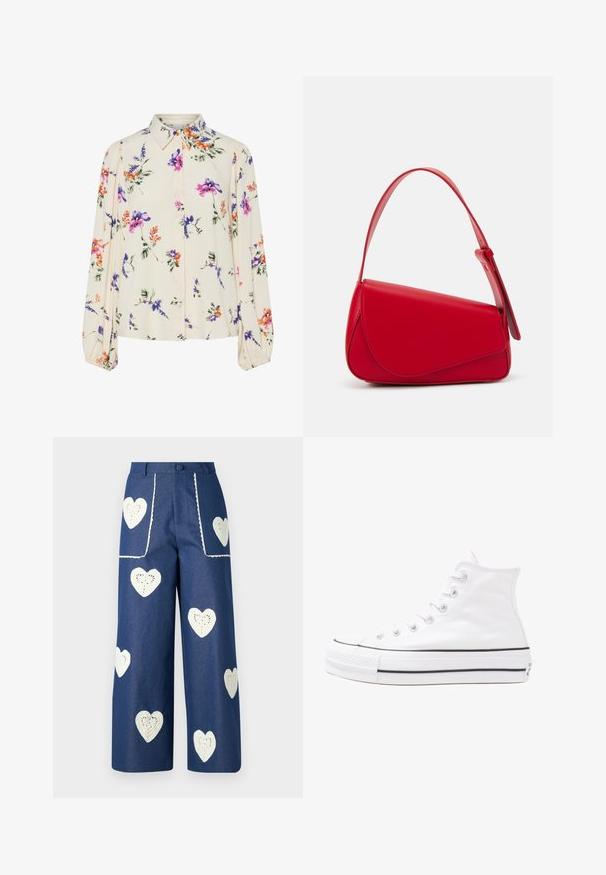 Blusa floral com mangas bufantes longas, base de creme claro, apresentando padrões florais em roxo, laranja e verde, e design de gola clássica.; Sister Jane HEART TO HEART - Calças de ganga de perna direita - blue denim; Sapatilha alta de tela branca com sola de borracha preta, bico de borracha na frente e seis ilhós para os atacadores, apresentando um design limpo e minimalista.; Bolsa de mão em couro vermelho com um design angular e geométrico. Apresenta uma única alça ajustável e um fecho com aba, com detalhes cosidos.