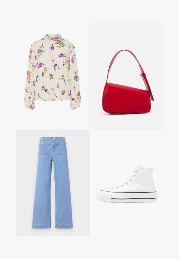 Lille kreemipehme lilleline pluus, millel on pikad puhvli varrukad, millel on lillad, oranžid ja rohelised lillemustrid ning klassikaline kaelus.; Heledad sinised laiad teksad, kõrge vöökoht, kaks tagataskut ja kuldse tooni nupud. Valmistatud denimist, millel on sile tekstuur ja puhas viimistlus.; Valge kõrgem kangast tenniseking, millel on must kummist tald, ees kummist varvasetugi ja kuus aukku paelte jaoks, pakkudes puhta ja minimalistliku disaini.; Punane nahast käekott, millel on nurkadega geomeetriline disain. Omab ühte reguleeritavat rihma ja klappidega sulgemist, millel on õmblustega kaunistused.