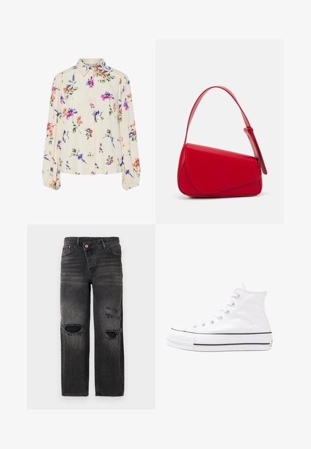 Lille kreemipehme lilleline pluus, millel on pikad puhvli varrukad, millel on lillad, oranžid ja rohelised lillemustrid ning klassikaline kaelus.; Musthave muströmpelihileer värvimaterjalide coemnärtest ja kattega. Düstrovikun mitme detailiga valeülepildihoolitatavaa eri grammatilise tumnalise komboga. ; Valge kõrgem kangast tenniseking, millel on must kummist tald, ees kummist varvasetugi ja kuus aukku paelte jaoks, pakkudes puhta ja minimalistliku disaini.; Punane nahast käekott, millel on nurkadega geomeetriline disain. Omab ühte reguleeritavat rihma ja klappidega sulgemist, millel on õmblustega kaunistused.