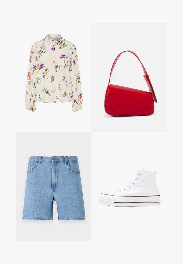 Blusa floreale con maniche puff lunghe, base di un chiaro crema, caratterizzata da motivi floreali in viola, arancione e verde, con un classico design del colletto.; Shorts in denim azzurro chiaro con vita alta, cinque tasche e chiusura anteriore con un singolo bottone metallico. Texture liscia, taglio dritto.; Sneaker alta in tela bianca con suola in gomma nera, punta in gomma frontale e sei asole per i lacci, caratterizzata da un design pulito e minimalista.; Borsa a tracolla in pelle rossa con un design angolare e geometrico. Presenta una singola tracolla regolabile e una chiusura a patta con dettagli cuciti.