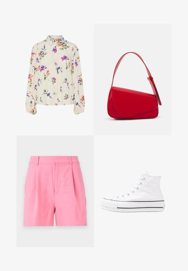 Bluzka w kwiaty z długimi bufkami, w jasnym kremowym kolorze, z fioletowymi, pomarańczowymi i zielonymi wzorami kwiatowymi oraz klasycznym kołnierzykiem.; Różowe szorty wykonane z bawełny o gładkiej fakturze, z plisami, elastycznym pasem i bocznymi kieszeniami dla zwiększonej funkcjonalności.; Białe wysokie trampki z płótna z czarną gumową podeszwą, przednim czubkiem z gumy i sześcioma dziurkami na sznurowadła, charakteryzujące się prostym, minimalistycznym designem.; Czerwona skórzana torebka o kanciastym, geometrycznym designie. Posiada jedną regulowaną rączkę oraz zapięcie na klapę z przeszyciami.