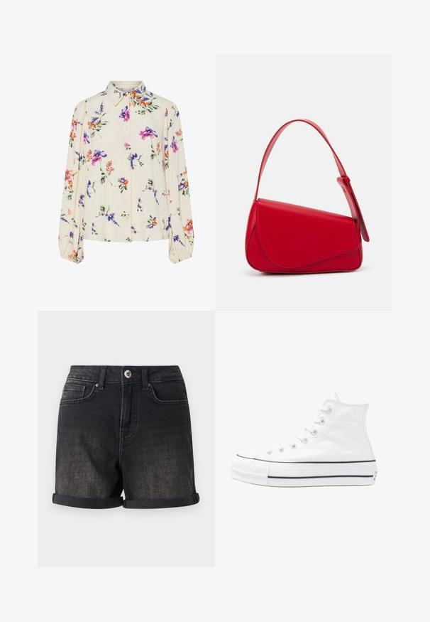 Blumenbluse mit langen Puffärmeln, hellcremefarbenem Grund, mit lila, orangefarbenen und grünen Blumenmustern sowie klassischem Kragen.; Schwarze Denim-Shorts mit umgeschlagenem Saum, Fünf-Taschen-Design und Knopfverschluss vorne. Der Stoff hat eine leicht verblasste Optik.; Weiße hochwertige Leinensneaker mit schwarzer Gummisohle, vorderem Gummizehenschutz und sechs Ösen für Schnürsenkel, die ein sauberes, minimalistisches Design aufweisen.; Rote Lederhandtasche mit einem kantigen, geometrischen Design. Verfügt über einen verstellbaren Schulterriemen und einen Klappenverschluss mit genähten Details.