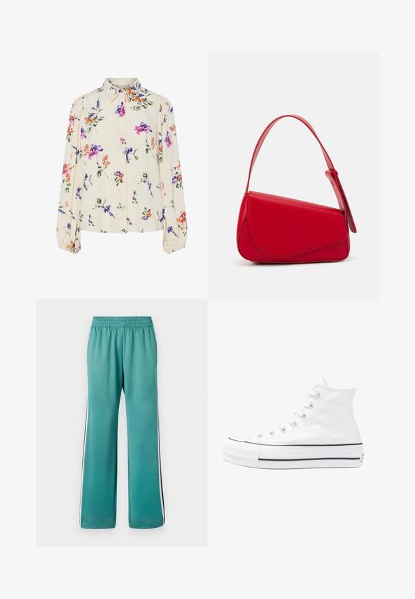 Floral blouse with long puff sleeves, light cream base, featuring purple, orange, and green floral patterns, and classic collar design.; Teal sweatpants with an elastic waistband, wide legs, and side stripes in navy blue and white. Smooth fabric with a matte finish.; White high-top canvas sneaker with black rubber sole, front rubber toe cap, and six eyelets for laces, featuring a clean, minimalist design.; Red leather handbag with an angular, geometric design. Features a single adjustable strap and a flap closure with stitched detailing.