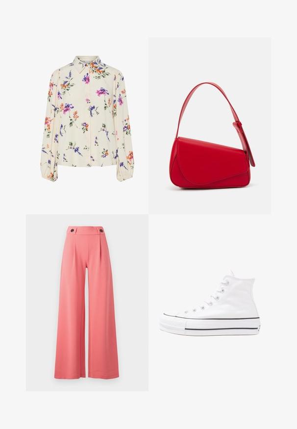 Cvetna bluzica z dolgimi puff rokavi, svetlo smetanaste barve, s purpurnimi, oranžnimi in zelenimi cvetličnimi vzorci ter klasičnim ovratnikom.; Široke hlače v koralni barvi, s visokim pasom in dvema črnima gumboma, proizvedene iz gladkega blaga s strukturirano zasnovo.; Beli visoki platneni športni čevelj z črnim gumijastim podplatom, sprednjim gumijastim zaščitnikom za prste in šestimi luknjicami za vezalke, ki se ponaša s preprostim, minimalističnim dizajnom.; Rdeča usnjena torba z angularnim, geometrijskim dizajnom. Ima en samostoječ nastavljiv ročaj in pokrov, zaprt z zapiranjem, ki je okrašen s šivi.