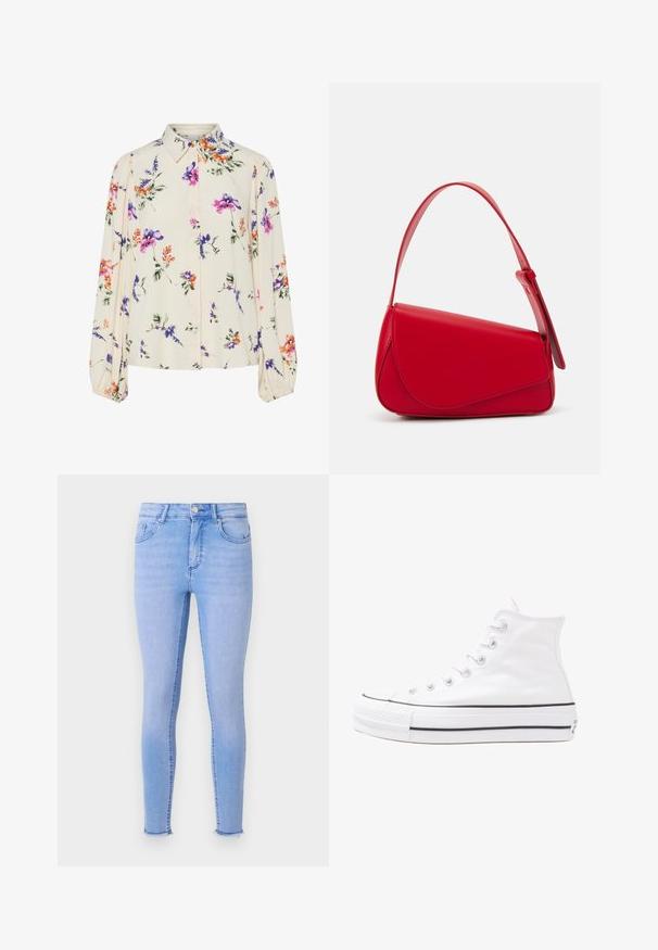 Λουλουδάτη μπλούζα με μακριά φουσκωτά μανίκια, σε απαλό κρέμ χρώμα, που διαθέτει μωβ, πορτοκαλί και πράσινα λουλουδάτα μοτίβα, καθώς και κλασικό σχέδιο γιακά.; Ανοιχτό γαλάζιο στενό τζιν παντελόνι από denim, με ψηλή μέση, σχέδιο πέντε τσέπες και ελαφρώς φθαρμένο στρίφωμα στα πόδια.; Λευκό ψηλό καμβαδάκι αθλητικό παπούτσι με μαύρη καουτσούκ σόλα, πρόσθιο καουτσούκ καλύμματος δακτύλου και έξι οπές για κορδόνια, με μια καθαρή και μίνιμαλ σχεδίαση.; Κόκκινη δερμάτινη τσάντα χειρός με γωνιακό, γεωμετρικό σχέδιο. Διαθέτει έναν ρυθμιζόμενο ιμάντα και κλείσιμο με καπάκι που έχει ραφές.