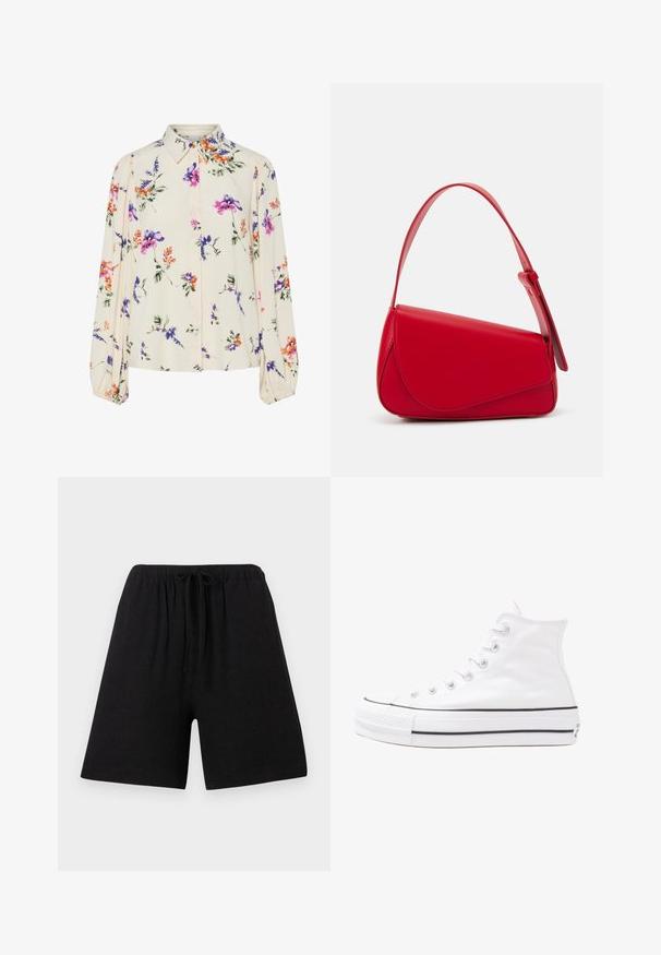 Cvjetna bluza s dugim napuhanim rukavima, svijetlo krem osnova, s ljubičastim, narančastim i zelenim cvjetnim uzorcima, te klasičnim dizajnom ovratnika.; Crne lanene kratke hlače s elastičnim pojasom i vezicama. Ravnog kroja, do koljena, od teksturirane tkanine, bez vidljivih uzoraka ili dodataka.; Bijela visoka platnena tenisica s crnom gumenom potplatom, prednjim gumenim zaštitnikom prstiju i šest rupa za vezanje, s čistim, minimalističkim dizajnom.; Crvena kožna torba s kutnim, geometrijskim dizajnom. Ima jedan podesivi remen i preklopni zatvarač sa šivenim detaljima.