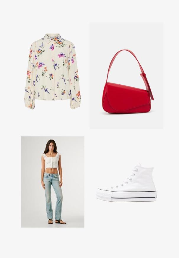 Bluzka w kwiaty z długimi bufkami, w jasnym kremowym kolorze, z fioletowymi, pomarańczowymi i zielonymi wzorami kwiatowymi oraz klasycznym kołnierzykiem.; Biały crop top z wycięciami i falbaną na dole, zestawiony z jasnoniebieskimi spodniami prosto nogawkami i czarnymi klapkami.; Białe wysokie trampki z płótna z czarną gumową podeszwą, przednim czubkiem z gumy i sześcioma dziurkami na sznurowadła, charakteryzujące się prostym, minimalistycznym designem.; Czerwona skórzana torebka o kanciastym, geometrycznym designie. Posiada jedną regulowaną rączkę oraz zapięcie na klapę z przeszyciami.