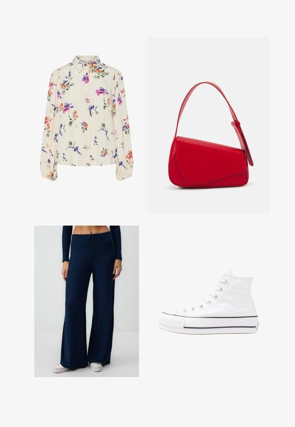 Blusa floreale con maniche puff lunghe, base di un chiaro crema, caratterizzata da motivi floreali in viola, arancione e verde, con un classico design del colletto.; Pantaloni a zampa d'elefante di colore blu navy in tessuto strutturato con motivo a strisce zebra; design a vita alta; indossati con sneakers bianche.; Sneaker alta in tela bianca con suola in gomma nera, punta in gomma frontale e sei asole per i lacci, caratterizzata da un design pulito e minimalista.; Borsa a tracolla in pelle rossa con un design angolare e geometrico. Presenta una singola tracolla regolabile e una chiusura a patta con dettagli cuciti.