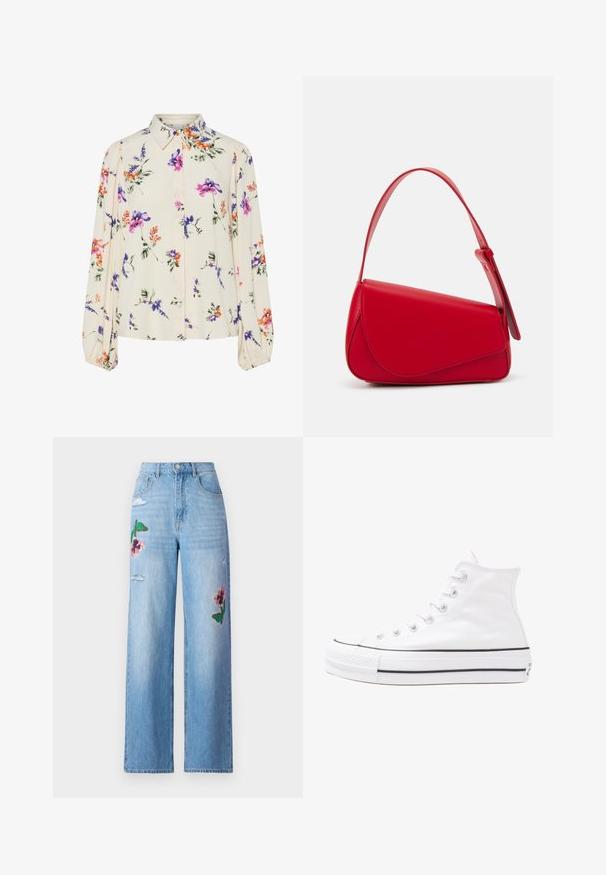 Blusa floral com mangas bufantes longas, base de creme claro, apresentando padrões florais em roxo, laranja e verde, e design de gola clássica.; ONLY ONLHOPE WIDE LEG - Wide leg - light blue denim; Sapatilha alta de tela branca com sola de borracha preta, bico de borracha na frente e seis ilhós para os atacadores, apresentando um design limpo e minimalista.; Bolsa de mão em couro vermelho com um design angular e geométrico. Apresenta uma única alça ajustável e um fecho com aba, com detalhes cosidos.