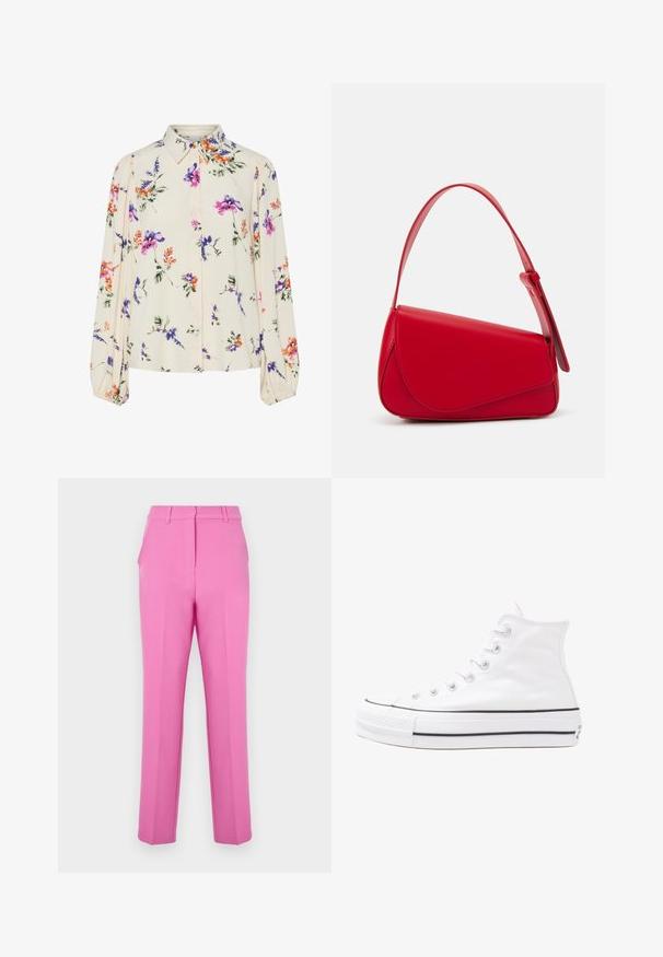 Květnatá blůza s dlouhými balónovými rukávy, světle krémové barvy, s fialovými, oranžovými a zelenými květinovými vzory a klasickým límečkem.; Růžové kalhoty na míru s hladkou texturou, plochým předním dílem a bočními kapsami. Mají rovný střih a poutka na opasek.; Bílé vysoké plátěné tenisky s černou gumovou podrážkou, přední gumovou špičkou a šesti očky na tkaničky, se čistým, minimalistickým designem.; Červená kožená kabelka s ostrým, geometrickým designem. Má jeden nastavitelný popruh a klopu s prošívanými detaily.