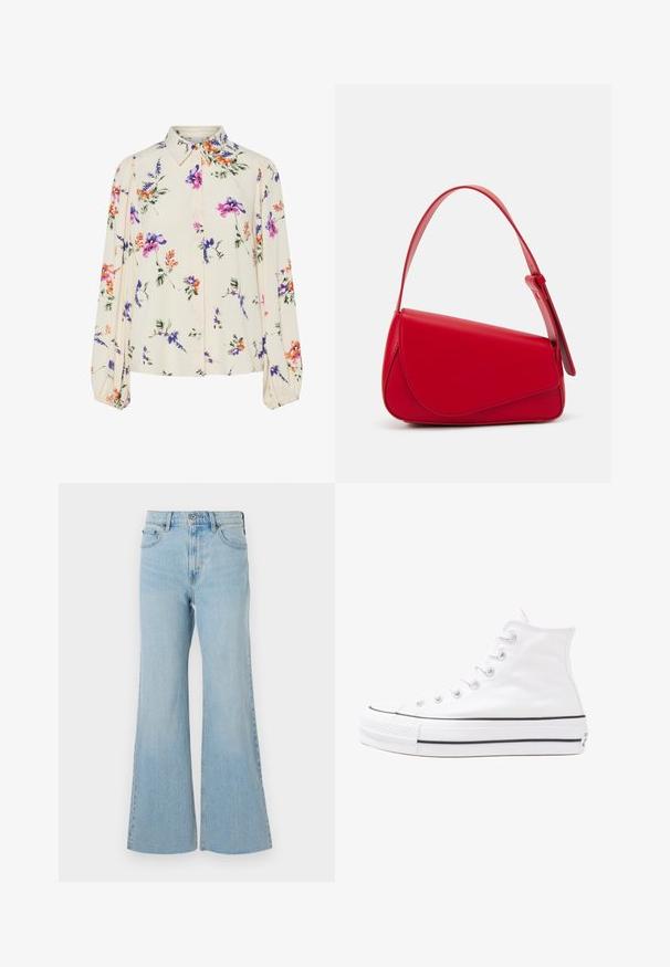 Blomsterbluse med lange puffærmer, lys cremefarvet base, prydet med lilla, orange og grønne blomster mønstre samt klassisk krave design.; Lysblå denimflared jeans med høj talje, featuring en klassisk knap- og lynlås-lukning, samt let slidser i stoffet.; Hvide høje kanvas sneakers med sort gummisål, gummitåhætte foran og seks øjehuller til snørebånd, der har et rent, minimalistisk design.; Rød læderhåndtaske med et kantet, geometrisk design. Har en enkelt justerbar rem og en klaplukning med syede detaljer.