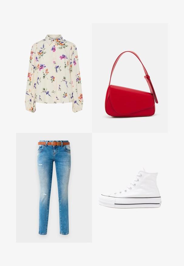 Gėlių bluzonas su ilgomis pūkuotomis rankovėmis, šviesiai kreminiu pagrindu, su violetiniais, oranžiniais ir žaliais gėlių raštais bei klasikiniu apykaklės dizainu.; Šviesiai mėlynos džinsinės kelnės su siauru siluetu, su rudomis diržais, nusidėvėjimų akcentais ir penkių kišenių dizainu.; Balti aukštakulniai drobės sportbačiai su juodu guminio pado, priekinio guminio piršto dangteliu ir šešiais akytėmis raištams, pasižymintys švariu, minimalistiniu dizainu.; Raudona odinė rankinė su kampuota, geometrine forma. Pasižymi viena reguliuojama dirželiu ir dangteliu su siuvinėtais dekoracijomis.