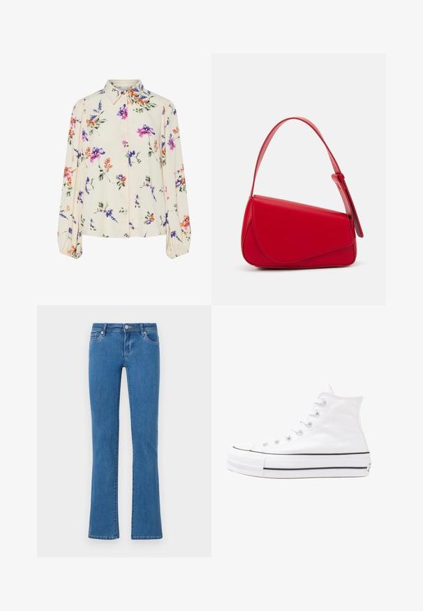 Floral blouse with long puff sleeves, light cream base, featuring purple, orange, and green floral patterns, and classic collar design.; Flared blue denim jeans with a classic five-pocket design. Medium-weight fabric with a smooth texture and stitching details along the seams.; White high-top canvas sneaker with black rubber sole, front rubber toe cap, and six eyelets for laces, featuring a clean, minimalist design.; Red leather handbag with an angular, geometric design. Features a single adjustable strap and a flap closure with stitched detailing.