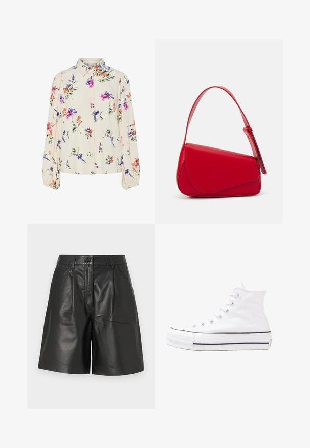 Floral blouse with long puff sleeves, light cream base, featuring purple, orange, and green floral patterns, and classic collar design.; Black leather shorts with a smooth texture, featuring a front button closure, two pockets, and tailored straight-cut design.; White high-top canvas sneaker with black rubber sole, front rubber toe cap, and six eyelets for laces, featuring a clean, minimalist design.; Red leather handbag with an angular, geometric design. Features a single adjustable strap and a flap closure with stitched detailing.