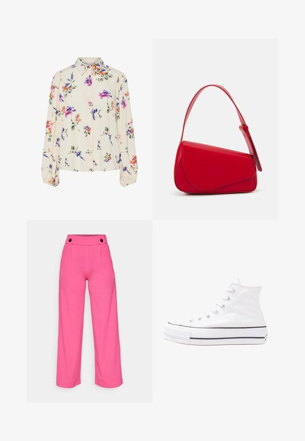 Cvjetna bluza s dugim napuhanim rukavima, svijetlo krem osnova, s ljubičastim, narančastim i zelenim cvjetnim uzorcima, te klasičnim dizajnom ovratnika.; Svijetloružičaste hlače širokih nogavica glatke teksture, s ravnim pojasom i dva crna gumba sprijeda.; Bijela visoka platnena tenisica s crnom gumenom potplatom, prednjim gumenim zaštitnikom prstiju i šest rupa za vezanje, s čistim, minimalističkim dizajnom.; Crvena kožna torba s kutnim, geometrijskim dizajnom. Ima jedan podesivi remen i preklopni zatvarač sa šivenim detaljima.
