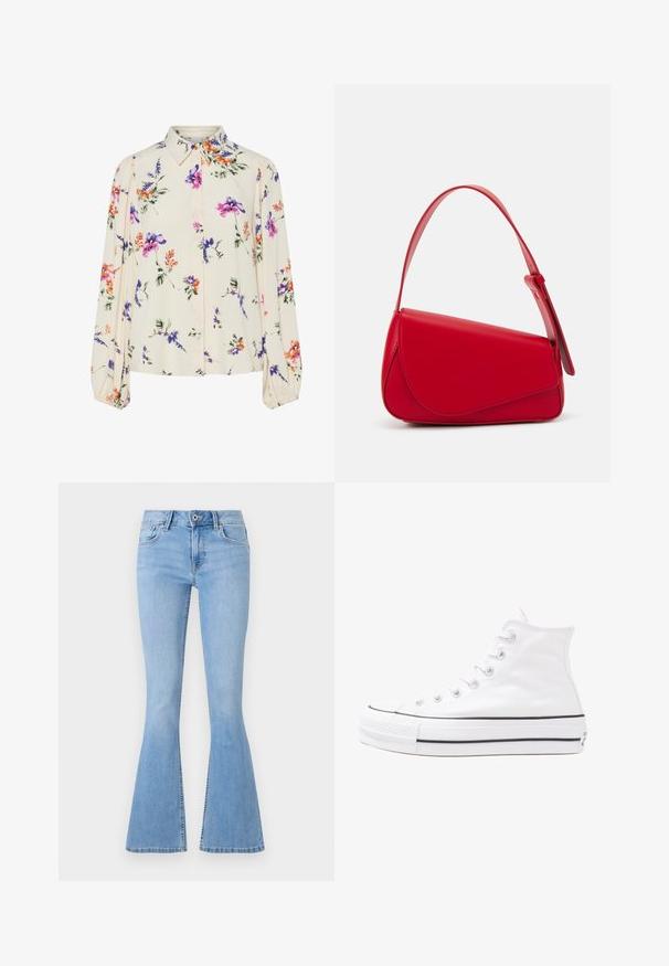 Blusa floral com mangas bufantes longas, base de creme claro, apresentando padrões florais em roxo, laranja e verde, e design de gola clássica.; Jeans azul claro em corte flared, feitos de denim, com cintura ajustada, bolsos frontais e fecho de zipper. Bainha flared distintiva na altura do tornozelo.; Sapatilha alta de tela branca com sola de borracha preta, bico de borracha na frente e seis ilhós para os atacadores, apresentando um design limpo e minimalista.; Bolsa de mão em couro vermelho com um design angular e geométrico. Apresenta uma única alça ajustável e um fecho com aba, com detalhes cosidos.