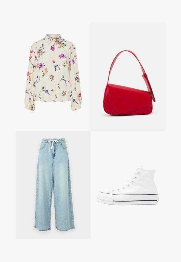 Bluzka w kwiaty z długimi bufkami, w jasnym kremowym kolorze, z fioletowymi, pomarańczowymi i zielonymi wzorami kwiatowymi oraz klasycznym kołnierzykiem.; Jasnoniebieskie dżinsy o szerokich nogawkach z elastycznym pasem i sznurkiem do regulacji. Posiadają tradycyjne kieszenie oraz wyblakłą teksturę dżinsu.; Białe wysokie trampki z płótna z czarną gumową podeszwą, przednim czubkiem z gumy i sześcioma dziurkami na sznurowadła, charakteryzujące się prostym, minimalistycznym designem.; Czerwona skórzana torebka o kanciastym, geometrycznym designie. Posiada jedną regulowaną rączkę oraz zapięcie na klapę z przeszyciami.