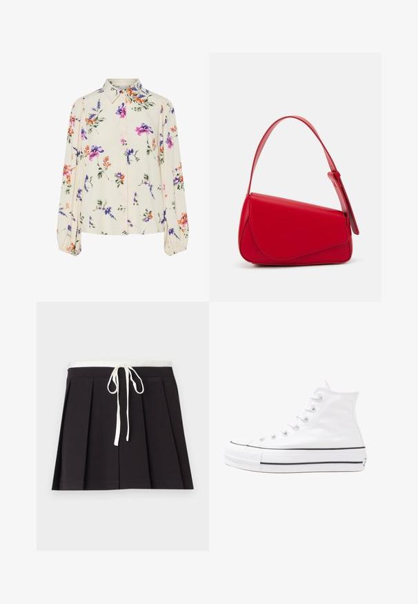 Lille kreemipehme lilleline pluus, millel on pikad puhvli varrukad, millel on lillad, oranžid ja rohelised lillemustrid ning klassikaline kaelus.; Mustmustriiniga must pleeditud seelik valge kudumisega nöörvööga. Valmistatud pehmest kangast, millel on sile tekstuur ja lihtne, klassikaline disain.; Valge kõrgem kangast tenniseking, millel on must kummist tald, ees kummist varvasetugi ja kuus aukku paelte jaoks, pakkudes puhta ja minimalistliku disaini.; Punane nahast käekott, millel on nurkadega geomeetriline disain. Omab ühte reguleeritavat rihma ja klappidega sulgemist, millel on õmblustega kaunistused.