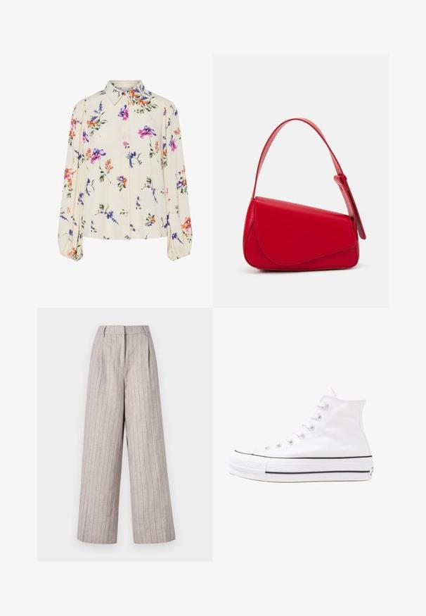 Blomstrete bluse med lange pufferm, lys kremfarge, med lilla, oransje og grønne blomster mønstre, og klassisk kragedesign.; Lys grå vide bukser laget av strukturert stoff med vertikale striper. Har høy midje og frontfold for ekstra stil.; Hvit høy-skinn kanvas sneakers med svart gummisåle, gummitåhette foran og seks hull for snorer, med et rent, minimalistisk design.; Rød lærveske med en vinklet, geometrisk design. Har en enkelt justerbar stropp og en klaffelukking med sydd detaljer.