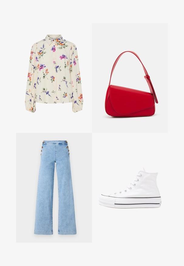 Kukkakuvioinen paita pitkillä puff-hihoilla, vaalean kerma pohja, jossa on violetteja, oransseja ja vihreitä kukkakuoseja sekä klassinen kaulustyyli.; Vaaleansiniset farkkuleggarit, joissa on korkea vyötärö ja leveät lahkeet. Housuissa on metallinappiyksityiskohtia sivuilla ja sileä, hieman kulutettu pinta.; Valkoiset korkeavartiset kangaskengät mustalla kumipohjalla, edessä kuminen varvasosa ja kuusi nauha-aukkoa, puhtaan minimalistisella muotoilulla.; Punainen nahkalaukku, jossa on kulmikas, geometrinen muotoilu. Varustettu yhdellä säädettävällä hihnalla ja läpällä, jossa on ommeltu yksityiskohtia.