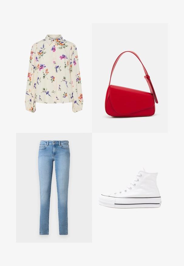 Λουλουδάτη μπλούζα με μακριά φουσκωτά μανίκια, σε απαλό κρέμ χρώμα, που διαθέτει μωβ, πορτοκαλί και πράσινα λουλουδάτα μοτίβα, καθώς και κλασικό σχέδιο γιακά.; Ανοιχτό μπλε τζιν παντελόνι με ίσια γραμμή, πέντε τσέπες και μπροστινό κλείσιμο με κουμπί. Λείος υφασμάτων με ξεθωριασμένο φινίρισμα.; Λευκό ψηλό καμβαδάκι αθλητικό παπούτσι με μαύρη καουτσούκ σόλα, πρόσθιο καουτσούκ καλύμματος δακτύλου και έξι οπές για κορδόνια, με μια καθαρή και μίνιμαλ σχεδίαση.; Κόκκινη δερμάτινη τσάντα χειρός με γωνιακό, γεωμετρικό σχέδιο. Διαθέτει έναν ρυθμιζόμενο ιμάντα και κλείσιμο με καπάκι που έχει ραφές.