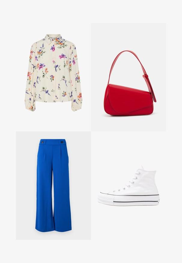 Bluzka w kwiaty z długimi bufkami, w jasnym kremowym kolorze, z fioletowymi, pomarańczowymi i zielonymi wzorami kwiatowymi oraz klasycznym kołnierzykiem.; Spodnie w szerokim kroju w jasnoniebieskim kolorze, z dopasowaną talią zapinaną na dwa czarne guziki i przednimi zakładkami. Miękka tekstura, bez widocznych wzorów.; Białe wysokie trampki z płótna z czarną gumową podeszwą, przednim czubkiem z gumy i sześcioma dziurkami na sznurowadła, charakteryzujące się prostym, minimalistycznym designem.; Czerwona skórzana torebka o kanciastym, geometrycznym designie. Posiada jedną regulowaną rączkę oraz zapięcie na klapę z przeszyciami.