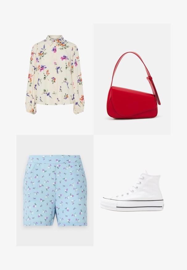 Ziedu blūze ar garām pūkām, gaiši krēmveida pamatne, ar purpursarkanām, oranžām un zaļām ziedu rakstiem, kā arī klasisko apkakles dizainu.; Zilā šorti, kas izgatavoti no mīkstas auduma, ar ziedu rakstu, kurā redzami baltie un violetie ziedi, un sānu kabatām. Izstrādāti komfortam un stilam.; Balti augstie kanvas sporta apavi ar melnu gumijas zoli, priekšējo gumijas purngalu un sešām acīm lencēm, kuriem ir tīrs, minimālistisks dizains.; Sarkans ādas rokassomi ar stūrainu, ģeometrisku dizainu. Iekļauj vienu regulējamu siksnu un vāku ar izšūtu detaļu.