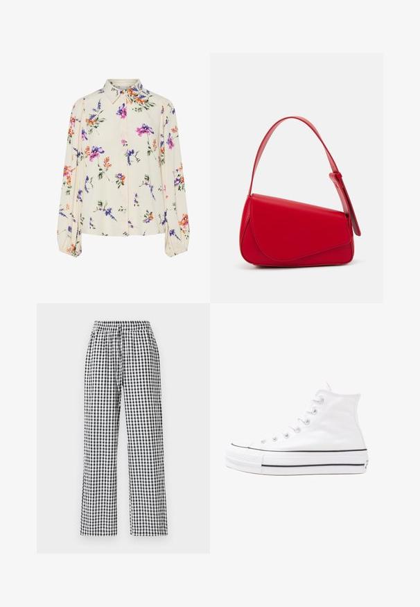 Kukkakuvioinen paita pitkillä puff-hihoilla, vaalean kerma pohja, jossa on violetteja, oransseja ja vihreitä kukkakuoseja sekä klassinen kaulustyyli.; Mustat ja valkoiset ruudulliset housut, joissa on rento leikkaus, joustava vyötärö ja nauhadetail. Kangas on sileä.; Valkoiset korkeavartiset kangaskengät mustalla kumipohjalla, edessä kuminen varvasosa ja kuusi nauha-aukkoa, puhtaan minimalistisella muotoilulla.; Punainen nahkalaukku, jossa on kulmikas, geometrinen muotoilu. Varustettu yhdellä säädettävällä hihnalla ja läpällä, jossa on ommeltu yksityiskohtia.