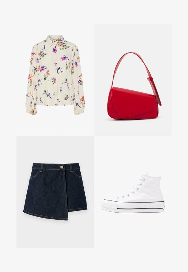 Blusa floral com mangas bufantes longas, base de creme claro, apresentando padrões florais em roxo, laranja e verde, e design de gola clássica.; Saia de ganga com um tom escuro, formato em A, fecho frontal com botões e detalhes de costura discretos. Apresenta um design de envoltório lateral.; Sapatilha alta de tela branca com sola de borracha preta, bico de borracha na frente e seis ilhós para os atacadores, apresentando um design limpo e minimalista.; Bolsa de mão em couro vermelho com um design angular e geométrico. Apresenta uma única alça ajustável e um fecho com aba, com detalhes cosidos.